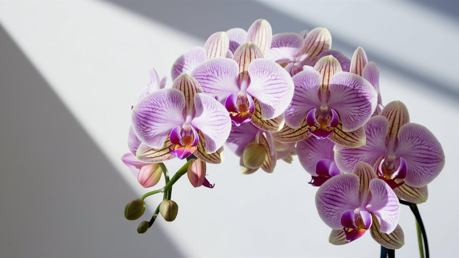 Soft pink and white petals with faint purple streaks, gracefully curved in a cascading arrangement.