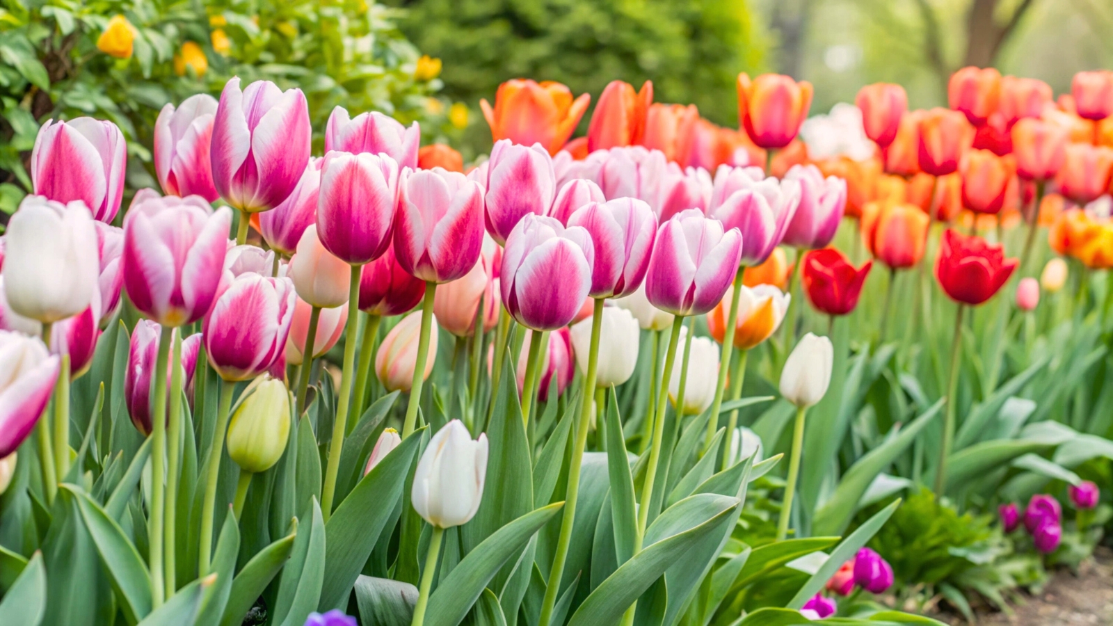 A vibrant row of colorful tulips blooms gracefully in a lush garden, showcasing a stunning array of reds, pinks, yellows, and purples against a backdrop of green foliage.
